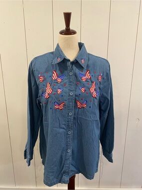 Vintage Passion Patriotic Butterfly Embroidered Denim Shirt Medium